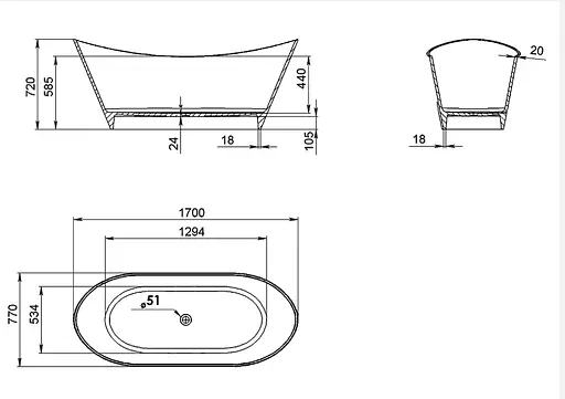 Ванна окремостояча матова Amdcon Capr 170x77 з литого каменю CAPR_170_MAT Білий матовий - фото 7