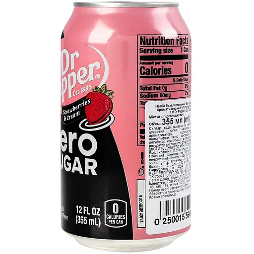 Уценка. Напиток безалкогольный Dr. Pepper Strawberries & Cream Zero 0.355 л (951549) - фото 2