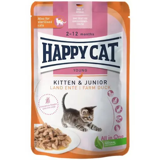 Вологий корм Happy Cat Beutel Kitten Junior L-Ente шматочки в cоусі для кошенят з качкою 85 г