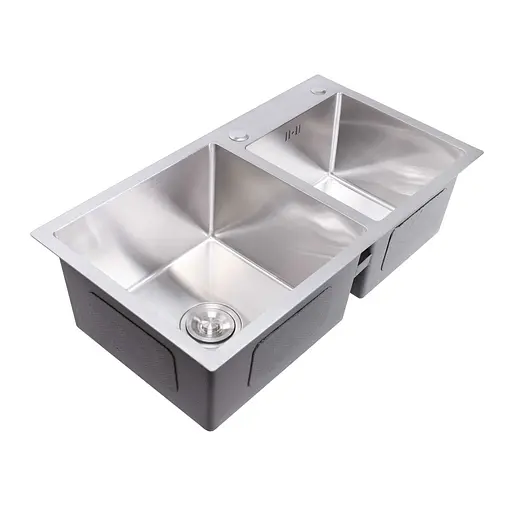 Кухонная мойка 75x41 нержавейка на две чаши Platinum Handmade (круглый сифон, 3.0/0.8), Нержавеющая сталь - фото 2