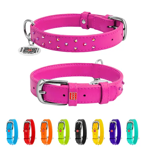 Ошейник для собак кожаный Waudog Glamour с QR-паспортом с клеевыми стразами Ш 20 мм Д 30-39 см розовый - фото 2