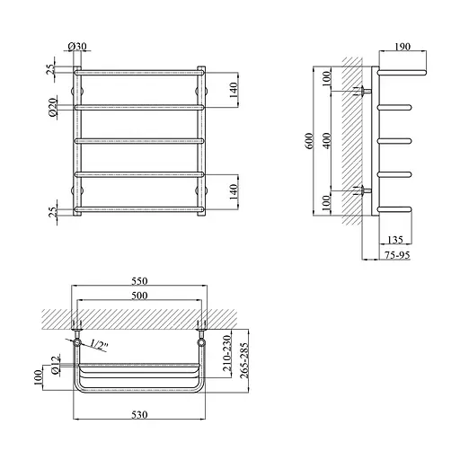 Полотенцесушитель водяной Kroner Скоба ДСп03 600x530/5 с полкой CV014724, Хром, нижнее - фото 2