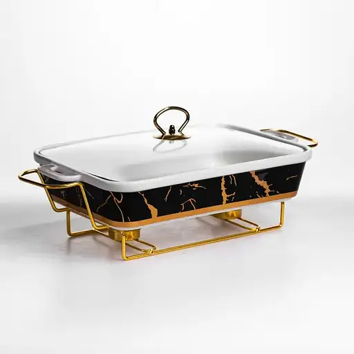 Мармитница фарфоровая Yiwu Black Marble 2 л 40х22.5х15.5 см мармит на подставке для первых блюд ML438-15 - фото 1