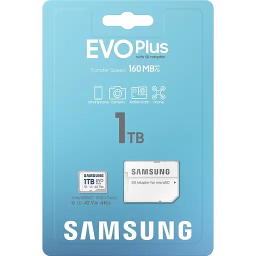 Карта памяти Samsung microSDXC 1TB Class 10 UHS-I U3 V30 A2 EVO Plus + SD Adapter (MB-MC1T0SA/EU) (112840) - фото 8