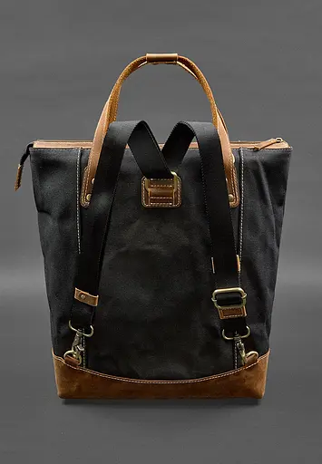 Сумка-рюкзак з канвасу та натуральної світло-коричневої шкіри - фото 5