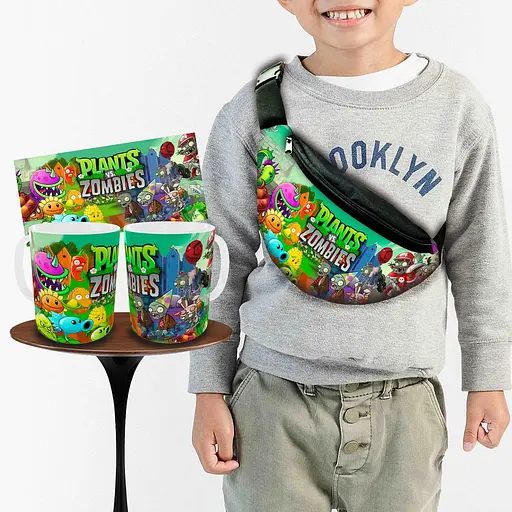 Набір: дитяча сумка-бананка+кружка Рослини проти Зомбі 32х15см, бананка для хлопчика через плече на подарунок (00949)