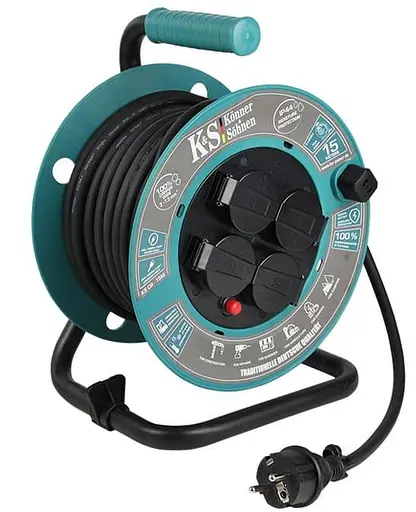 Сетевой фильтр KS CR-15M, 3000 Вт, 4х16 А/230 В, 3х1,5 мм, IP44, 3,2 кг, на катушке, 15 м, черный (KSCR-15M) - фото 1