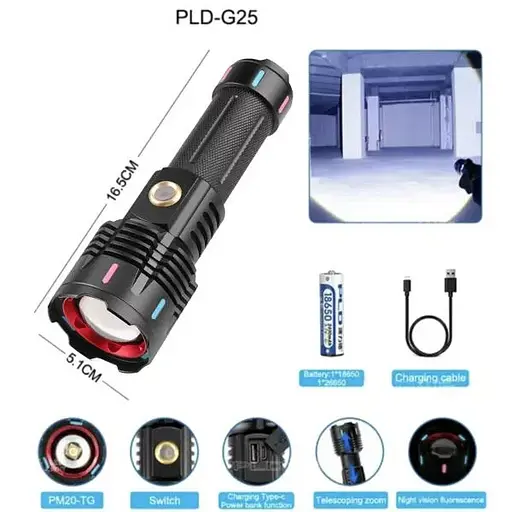 Ручной мощный фонарь PLD G25-TG zoom + Type-C + Power Bank 1х26650 (3хААА) 5 режимов - фото 10