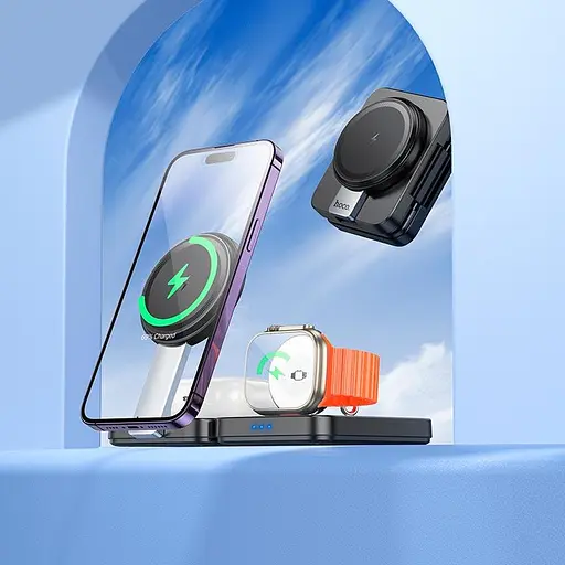 Зарядка Qi HOCO Ingenious 3-in-1 folding magnetic wireless charger CQ11 |15W| - фото 2
