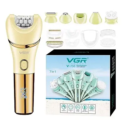 Епілятор жіночий VGR V-756 (7 насадок) вологозахист Золотистий