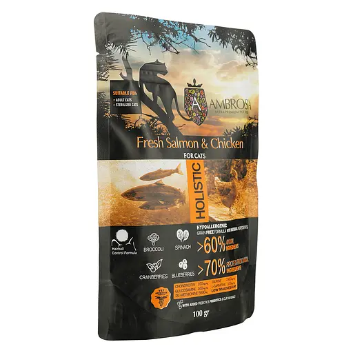 Сухой корм Ambrosia Grain Free для стерилизованных кошек со свежим лососем и курицей 100 г - фото 2