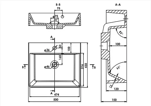 Раковина матова накладна Amidicon Solo 50 500x430 з литого каменю SOLO_50_MAT, Білий матовий - фото 6