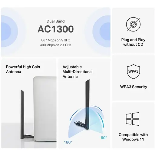 Адаптер WiFi Mercusys MA30H AC1300, USB - фото 5