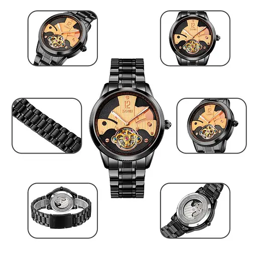 Мужские часы скелетон Skmei 9205 механические (Черные с розовым золотом) - фото 2