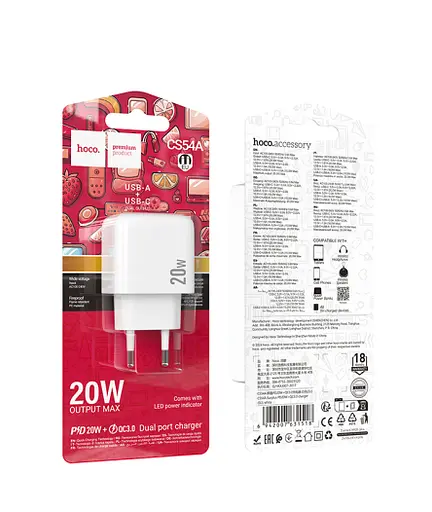 Мережевий зарядний пристрій Hoco CS54A Surplus PD20W+QC3.0 Білий - фото 2