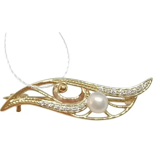 Золотая брошь Империя золота с жемчугом и фианитами. БШ250И