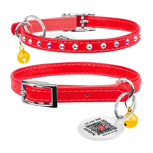 Ошейник Waudog Glamour с резинкой клеевыми стразами для кошек (ширина 9мм длина 22-30см) красный