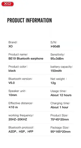 Бездротовий мононавушник гарнітура розмовна XO BE19 Bluetooth чорна - фото 6
