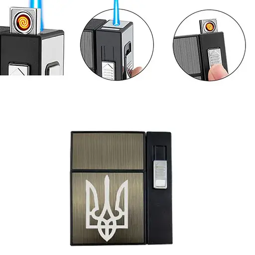 Портсигар на 20 сигарет с двумя зажигалками HL-424 Black Brown, Герб (16374) - фото 2