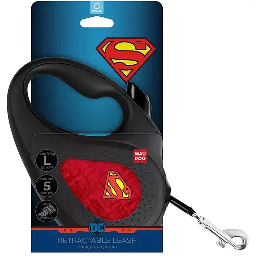Поводок-рулетка для собак Waudog R-leash, рисунок "Супермен Лого красный", L, до 50 кг, 5 м, светоотражающая лента черный - фото 2