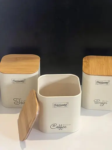 Набор металлических емкостей Maestro MR-1775-3S-IVORY с бамбуковой крышкой для чая кофе и сахара 3шт - фото 4