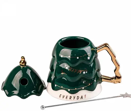 Керамічна чашка Різдвяна ялинка з кришкою та паличкою для розмішування 460 мл Зелений - фото 2