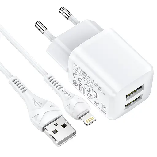 Адаптер сетевой HOCO Lightning Cable Briar dual port charger set N8 2 порта USB 2.4A белый - фото 7