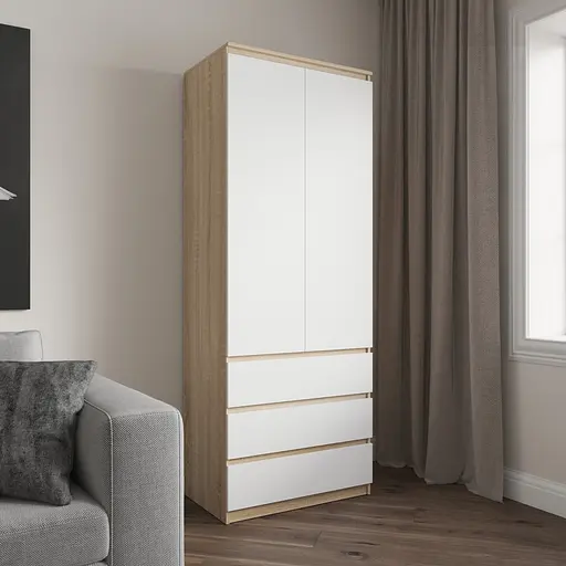 Шкаф для одежды Vays R-16 Дуб Сонома-Белый фасад, 3 ящика, полки, без ручек, ЛДСП, 80×50×211 см – для спальни, гостиной, прихожей