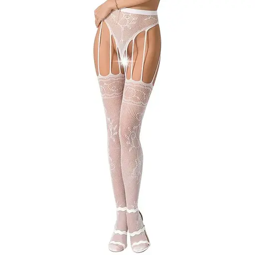 Эротические колготки-бодистокинг Passion S016 white имитация ажурных с доступом трусиков и чулок S/M/L