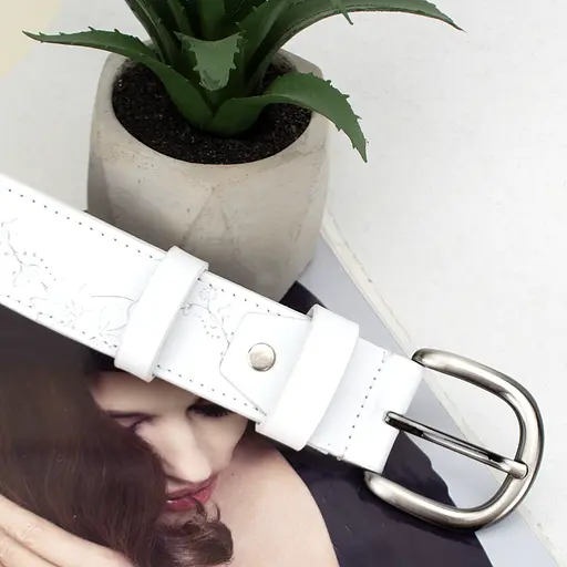 Ремінь шкіряний жіночий батал SF-3531 (145 см) білий з квітами - фото 3