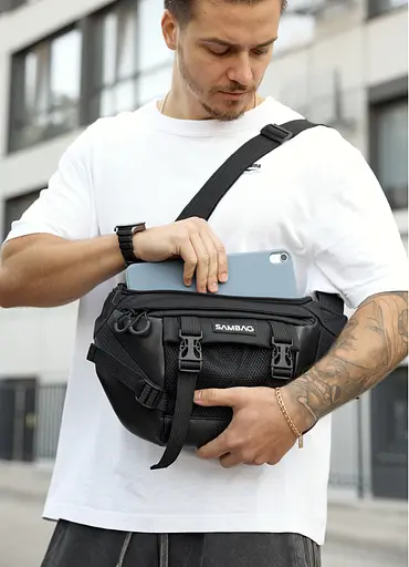 Большая мужская сумка бананка Sambag DynamicDart черная тканевая 38 × 21 × 7 см (80411701m) - фото 3