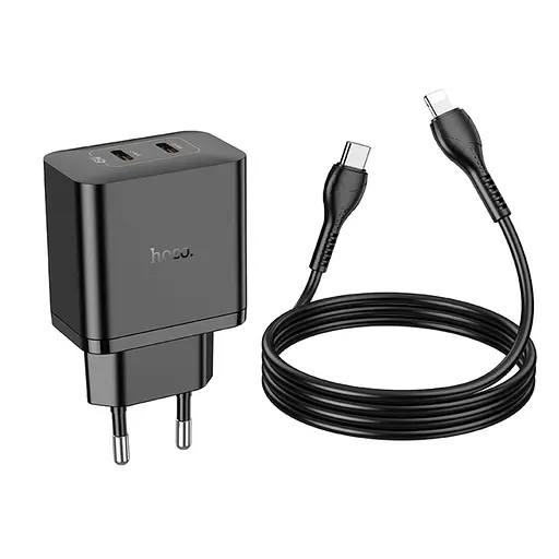 Мережевий зарядний пристрій Hoco N35 2 Type-C PD 45W чорний + кабель Type-C to Lightning - фото 4