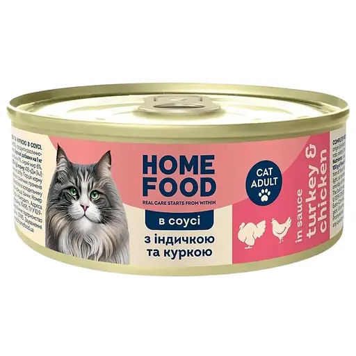 Повнораціонний консервований корм Home Food для дорослих котів з індичкою та куркою в соусі 85 г - фото 1