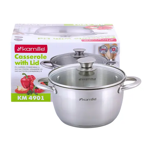 Каструля 2 л з нержавіючої сталі з кришкою та порожнистими ручками для індукції та газу KM-4901 Сірий 87479 - фото 2