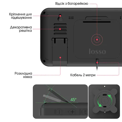 Электронные часы настольные и настенные LOSSO Premium W-500 интерьерные светодиодные Black (18970) - фото 5