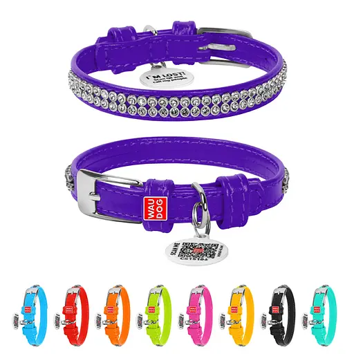 Нашийник для собак шкіряний Waudog Glamour з QR-паспортом з прикрасою "Полотно стрази" XXS Ш 9 мм Д 18-21 см фіолетовий - фото 2