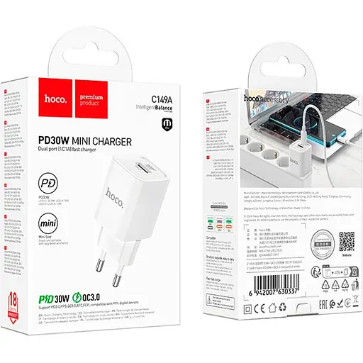 Сетевые зарядные устройства Hoco C149A PD30W+QC3.0 USB-C/USB-A White [135353] - фото 6