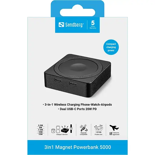 Павербанк Sandberg Magnetic Black 5 000 mAh / 20 Вт (421-28) - фото 10