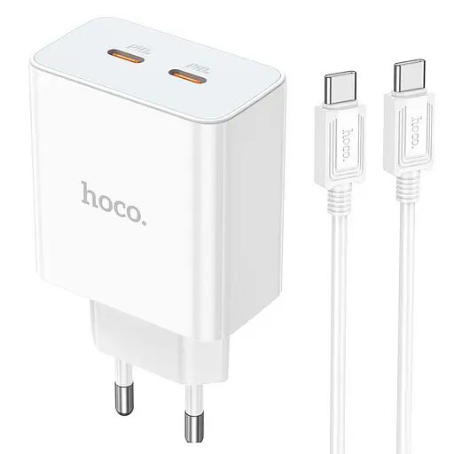 Адаптер сетевой HOCO Type-C to Type-C Cable Leader dual port(2C) charger C108A белый набор для зарядки - фото 2