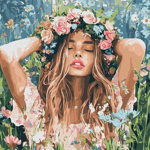 Набір для розпису по номерах Дівчина з віночком в полі, Ideyka, 40x40 см, КНО8581