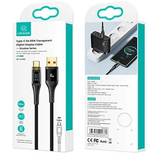 Кабель Usams SJ592 Type-C 6A 66W Transparent Digital Display Cable Shadow Series 1.2 м Чорний - фото 2