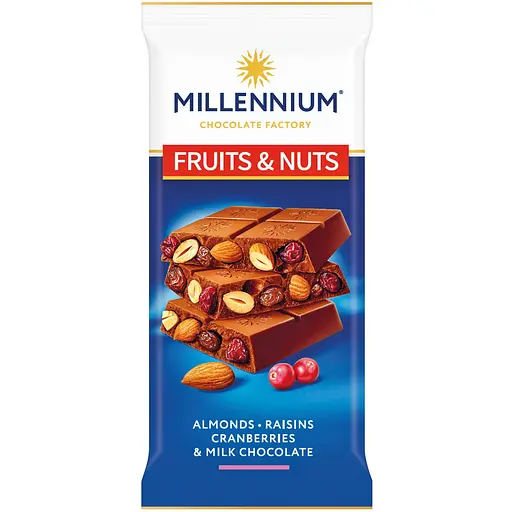 Шоколад Millennium Fruits&Nuts молочний з мигдалем, журавлиною та родзинками 90г - фото 1