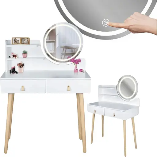 Туалетный столик Jumi Scandi LED подсветка, с ящиками, кожаные ручки, белый - фото 5