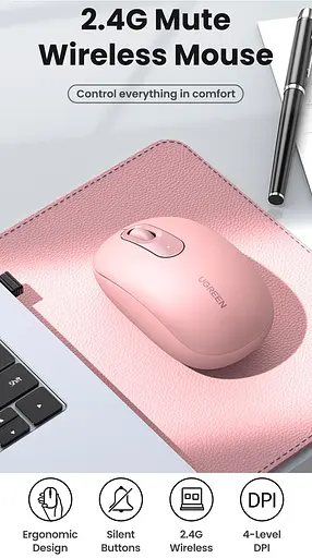 Мишка UGREEN 2.4GHz MU105, бездротова, 2400dpi., 3кн., Рожева - фото 6