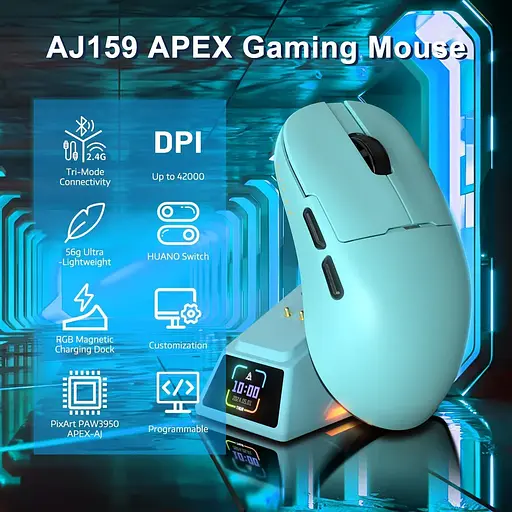 Ігрова бездротова мишка AJAZZ AJ159 Apex /Три режими підключення / 42000 DPI / сенсор PAW3950 / Док-станція з LED-дисплеєм / Blue - фото 3