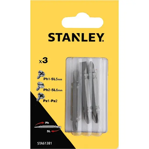Набір біт Stanley двостороння Philips, Pozidriv, Slotted Ph1-SL5, Ph2-SL6, Pz1-Pz2 L=48 мм 3 шт. блістер (STA61381) - фото 1