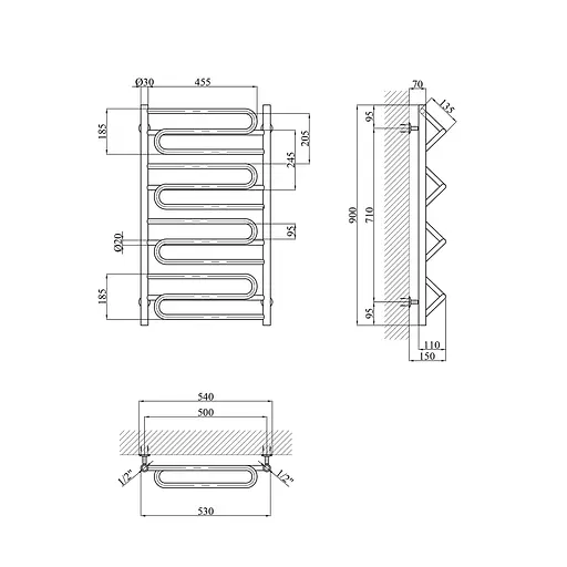 Полотенцесушитель водяной Kroner Иллюзия ДИ06 900x530 CV023863, Хром, нижнее - фото 2