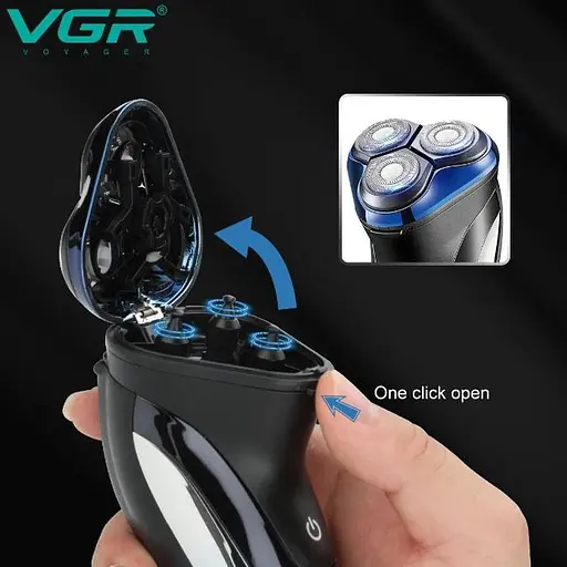 Электробритва VGR V-387 для влажного и сухого бритья с тремя плавающими головками с откидным триммером IPX6 Черный с синим - фото 3