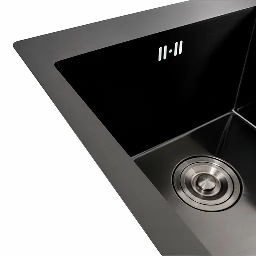 Кухонная мойка PVD черная 78x48 на две чаши Platinum Handmade HDB (круглый сифон, 3.0/0.8), Черный - фото 4