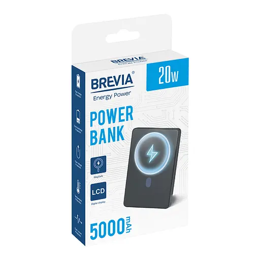 Повербанк (Power Bank) Brevia ePower 5000mAh MagSafe SuperSlim PD20W, Qі15W LCD чорний(45520MSB) - фото 8